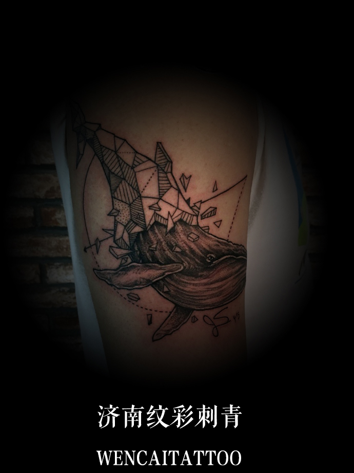 阳光的张先生大臂几何鲸鱼纹身